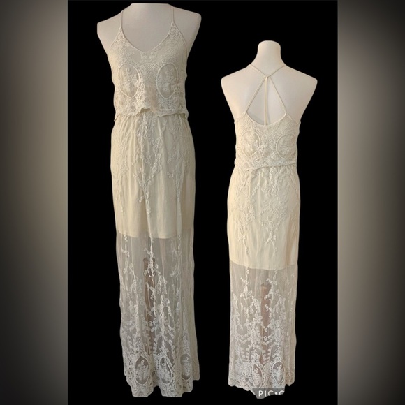 Lace cream colored maxi dress boho castlecore fairycore bohemian lace romantic - Picture 5 of 5